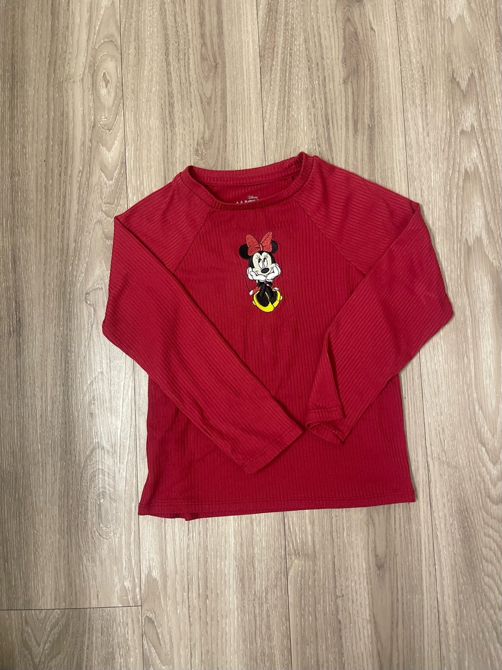 Disney Red Long-Sleeve Ribbed Tee with Minnie Embroidery